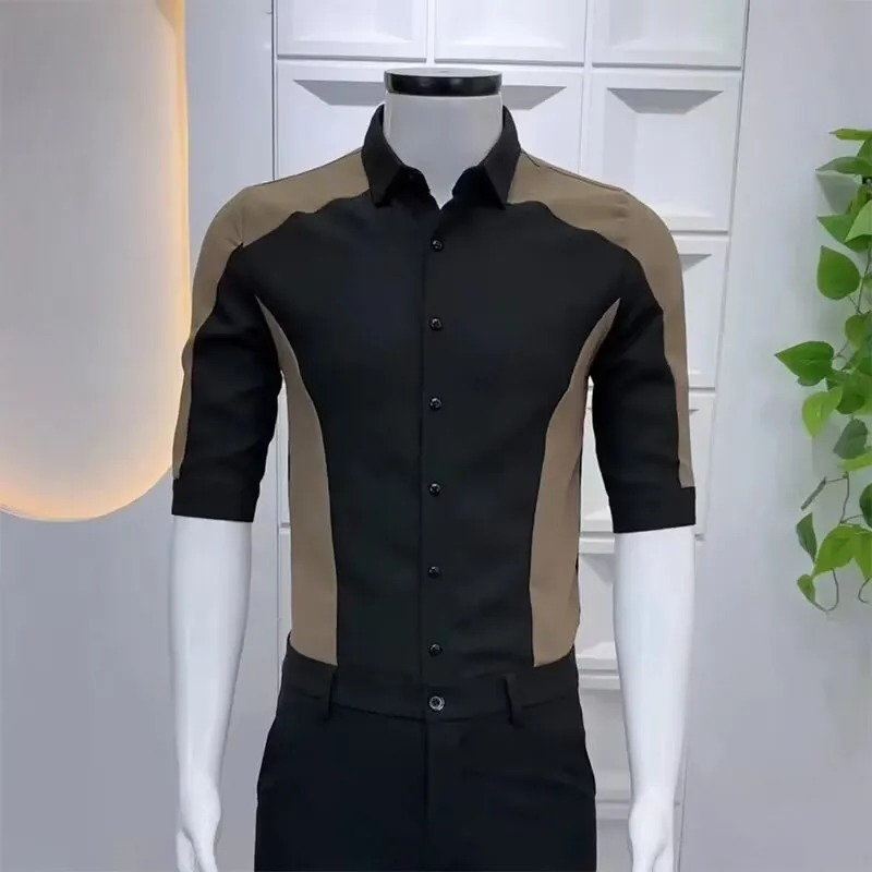 Men Formal Party Wear Shirt - Men's Black Brown Color Block Shirt