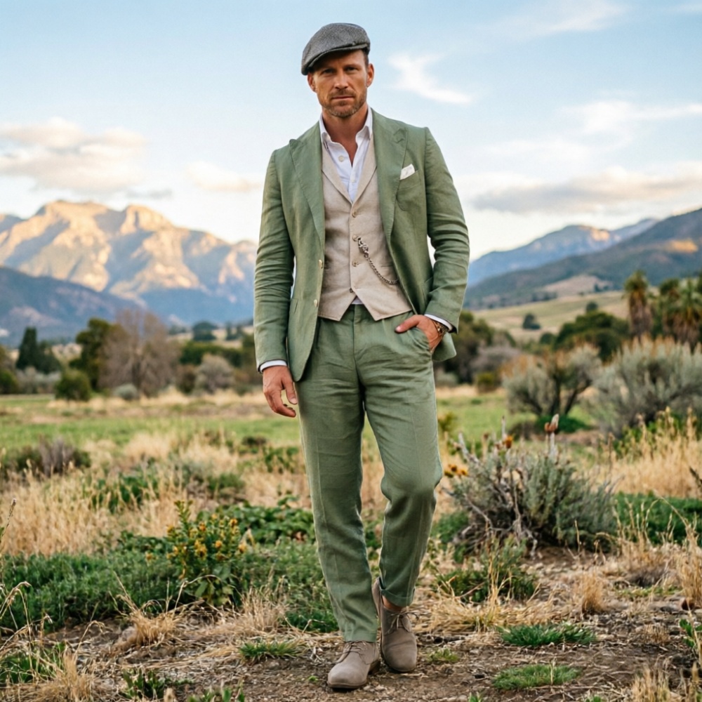 Sage Green Linen Men 3 Piece S - đánh giá và giá Men Formal Wear Summer