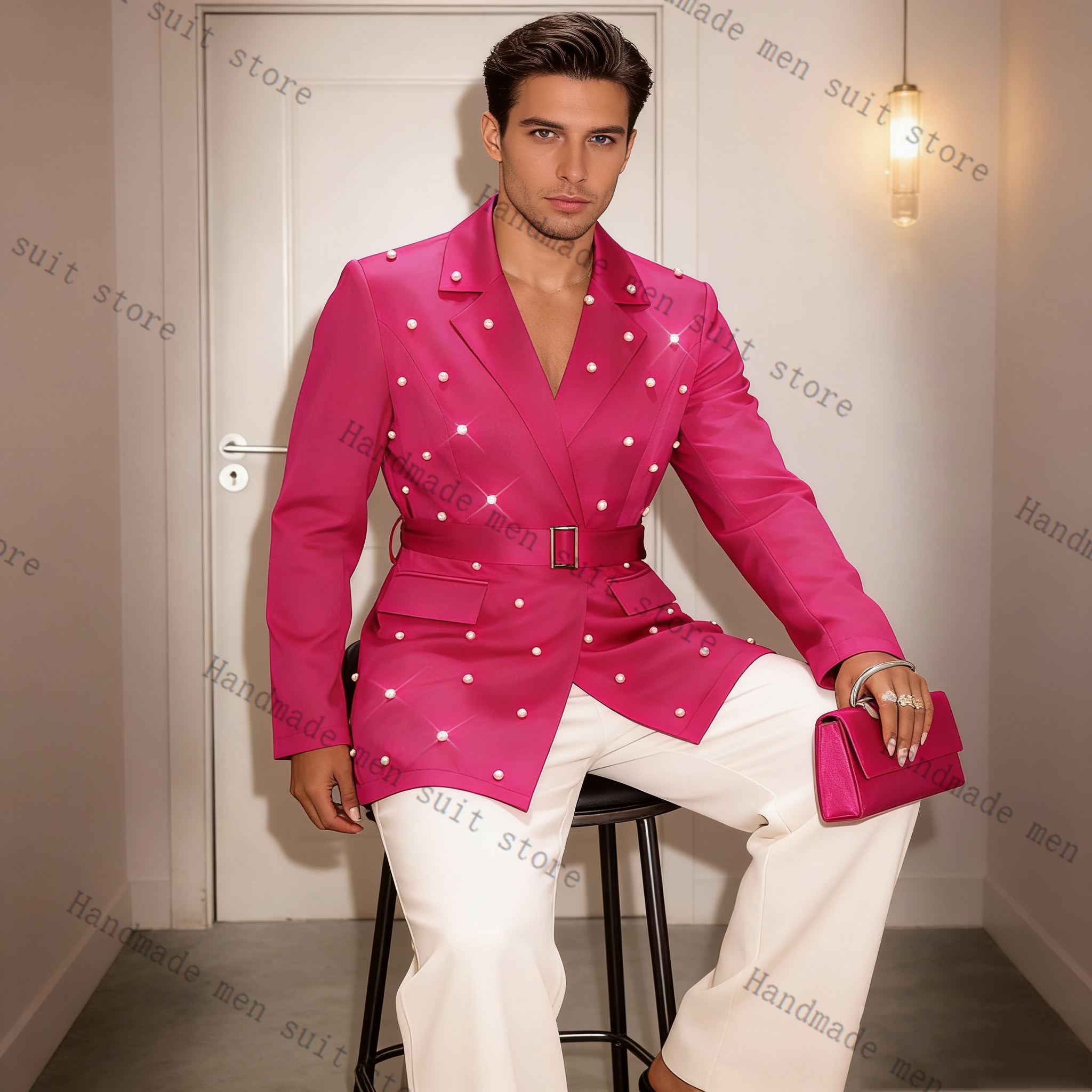 Pearls Pink Men Suit Set 2 Pie - đánh giá và giá Men'S Formal Wear Belt